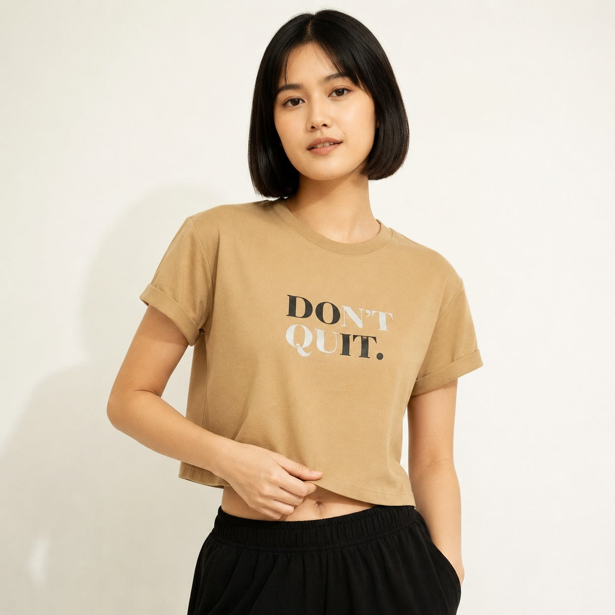 ARZO “Don’t Quit” Crop Tee – Beige