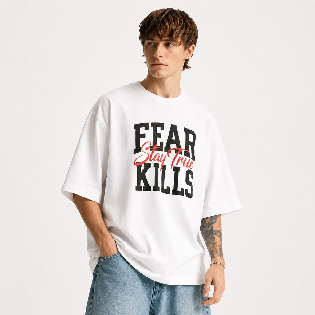ARZO “Fear Kills” Statement Oversize Tee – Pure White