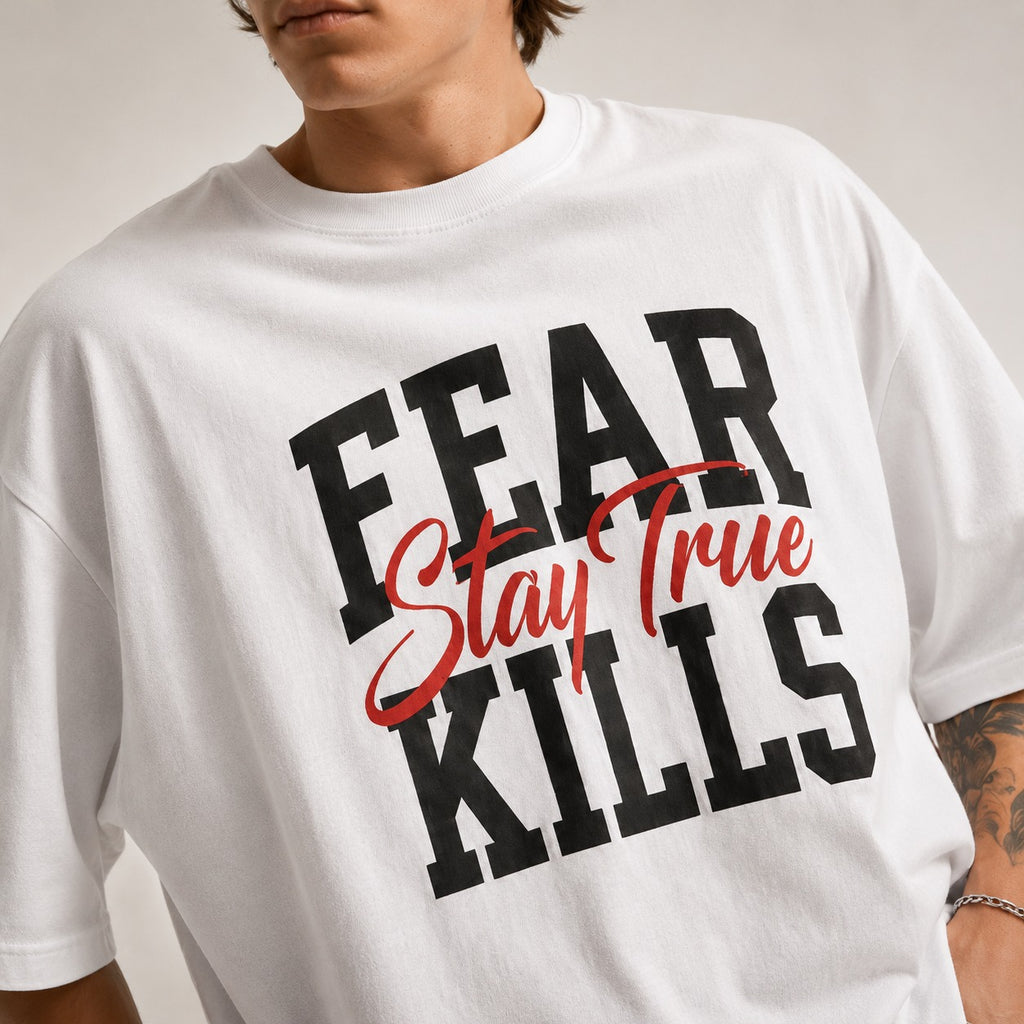 ARZO “Fear Kills” Statement Oversize Tee – Pure White