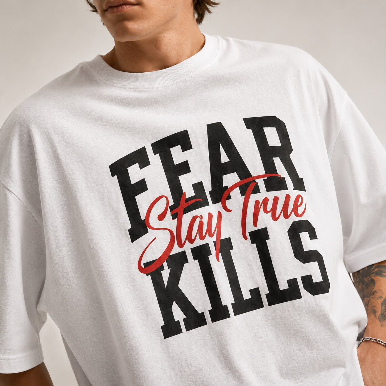 ARZO “Fear Kills” Statement Oversize Tee – Pure White
