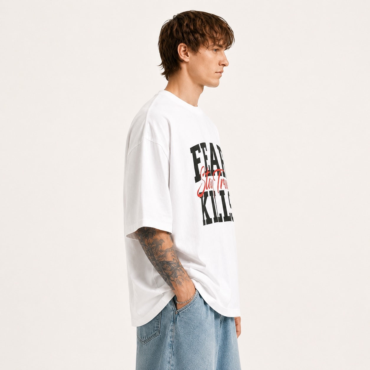 ARZO “Fear Kills” Statement Oversize Tee – Pure White