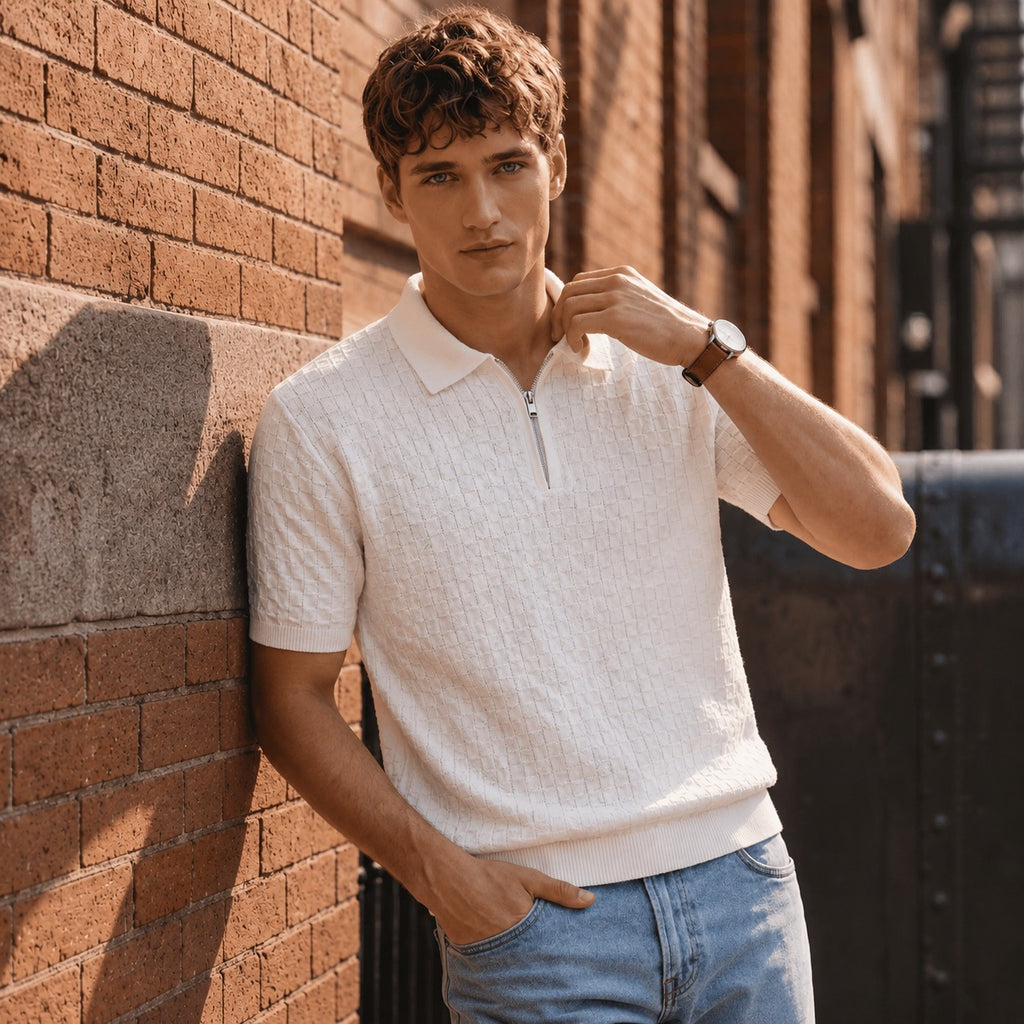 ARZO Ivory Grid Zip Polo