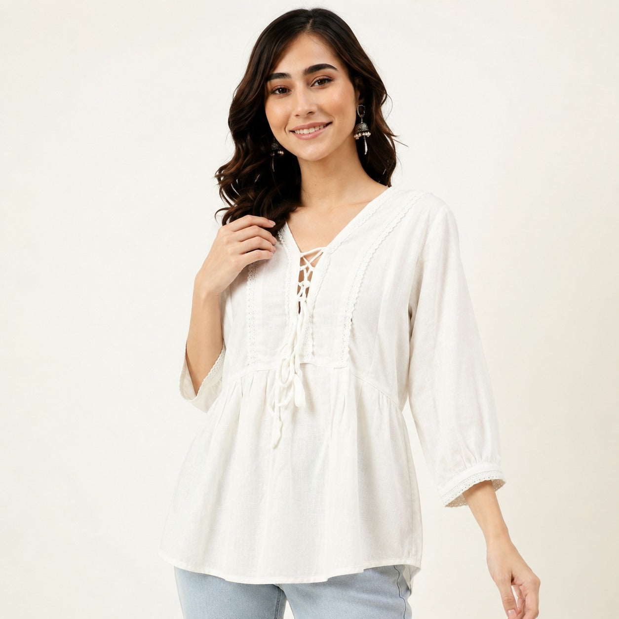 ARZO Lace-Up Tunic Top – Off White