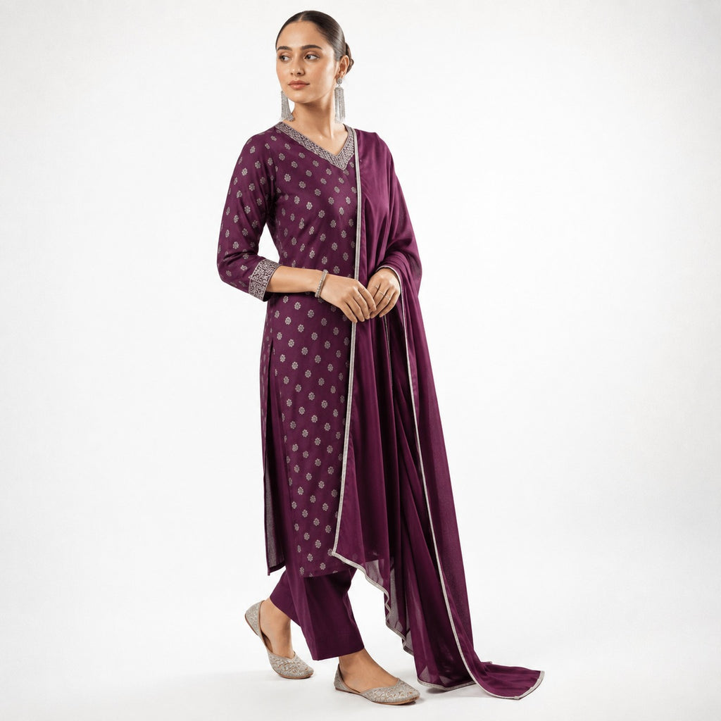 ARZO Plum Royale Printed Suit Set