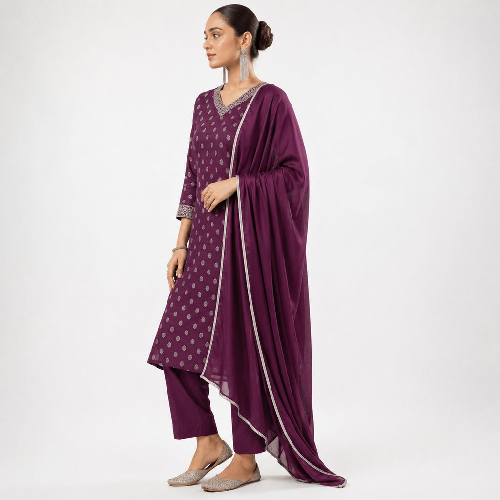 ARZO Plum Royale Printed Suit Set