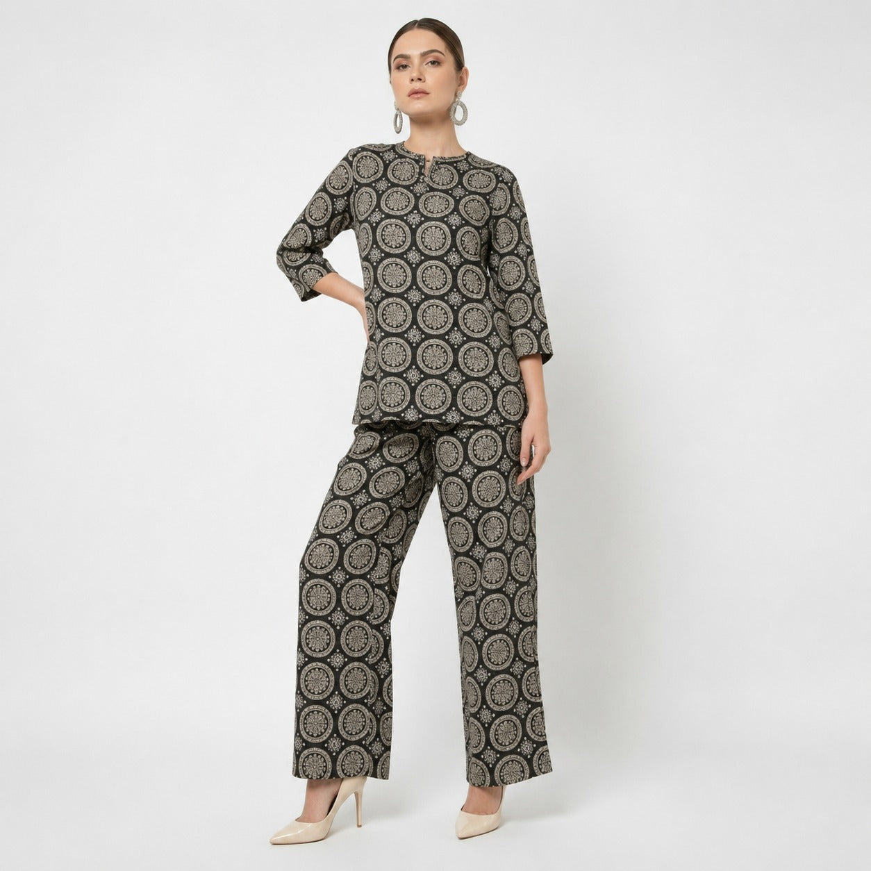 ARZO Printed Co-ord Set – Black & Beige