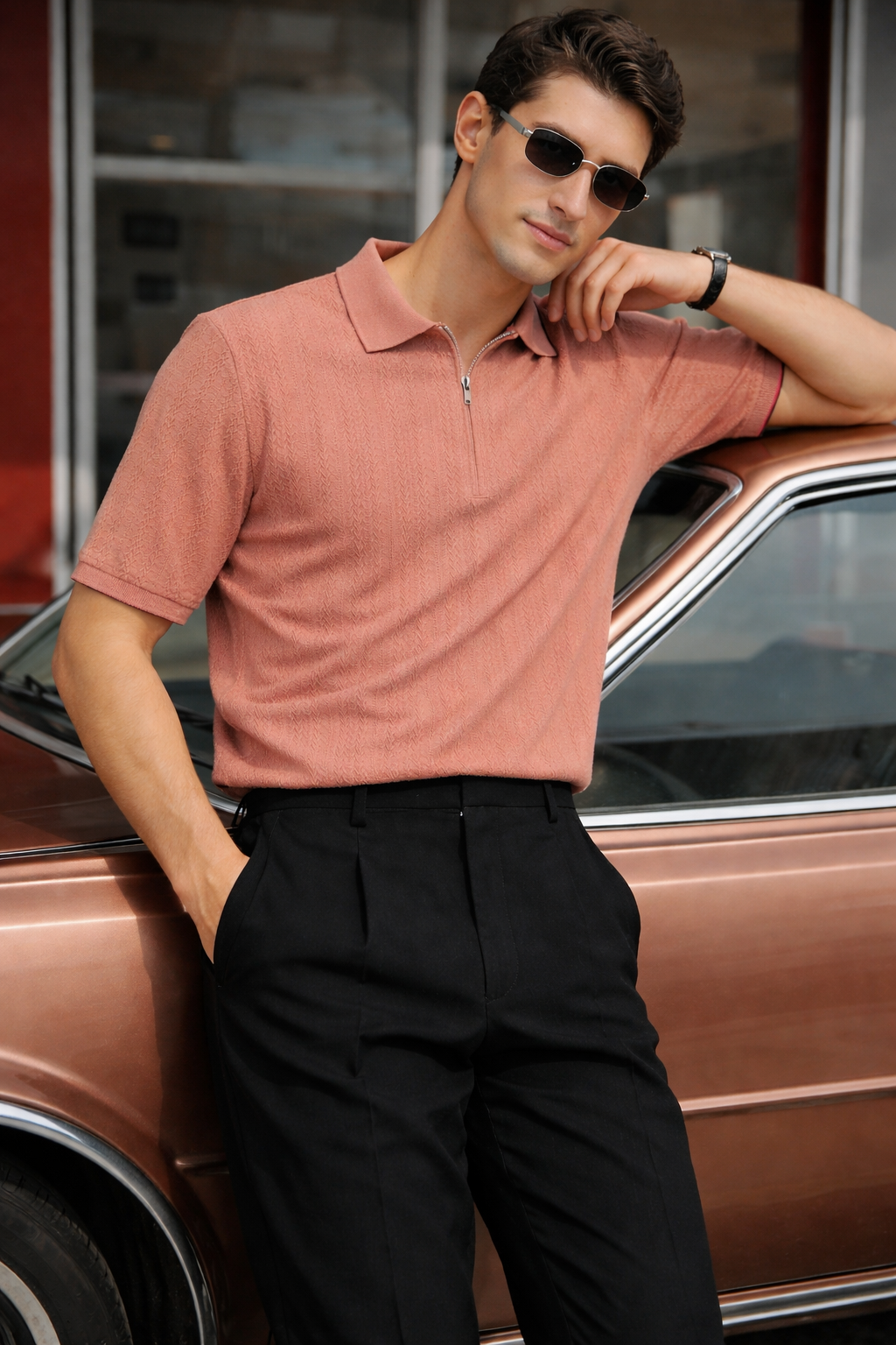 ARZO Camel Luxe Zip Polo