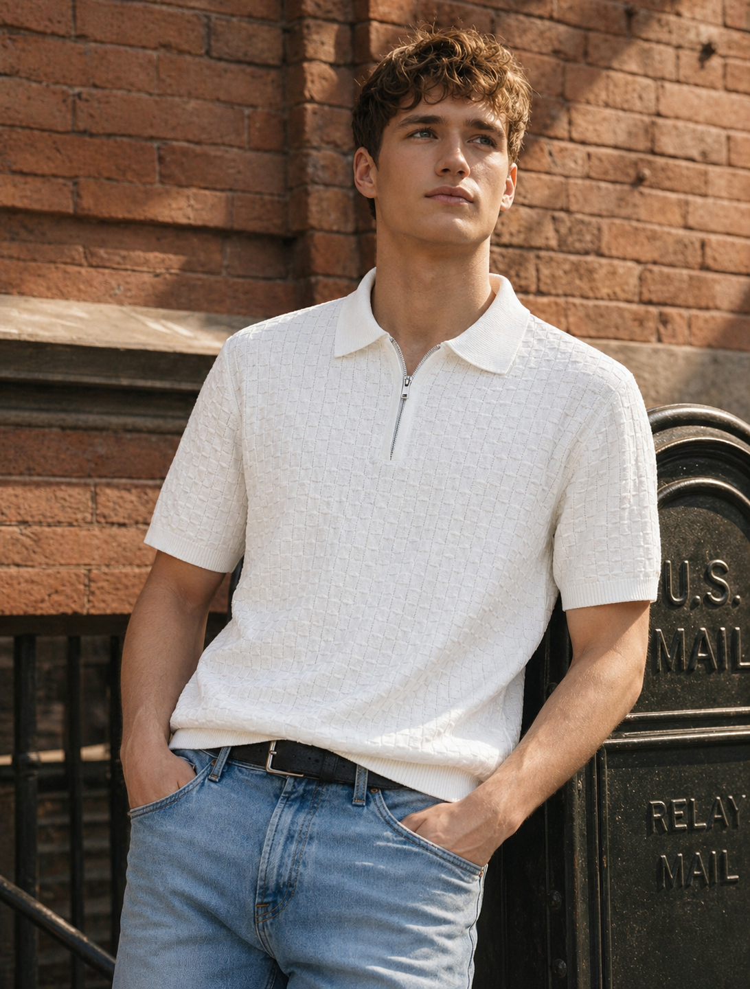 ARZO Ivory Grid Zip Polo