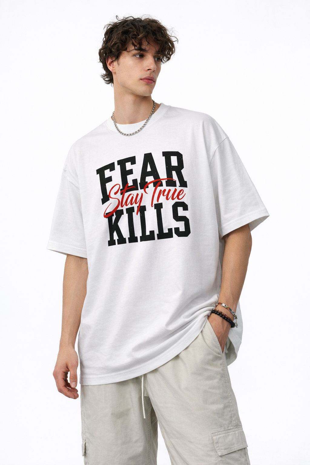 ARZO “Fear Kills” Statement Oversize Tee – Pure White