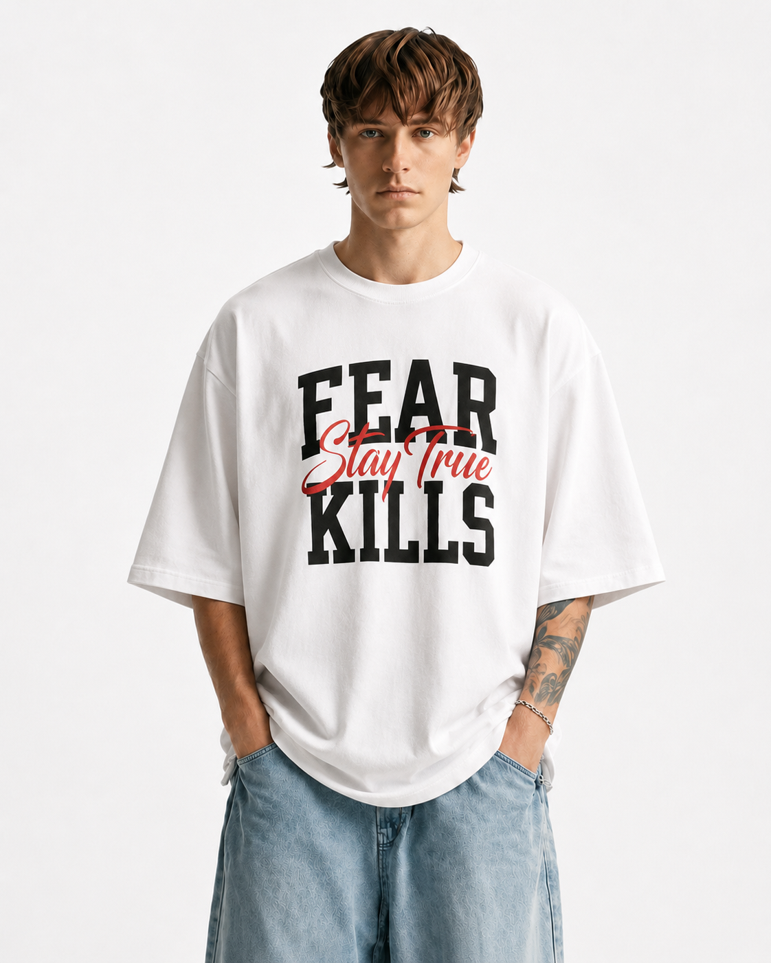 ARZO “Fear Kills” Statement Oversize Tee – Pure White