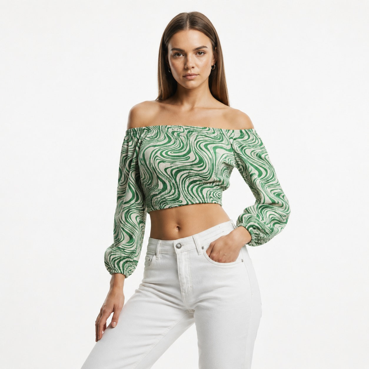 Green Swirl Off-Shoulder Crop Top