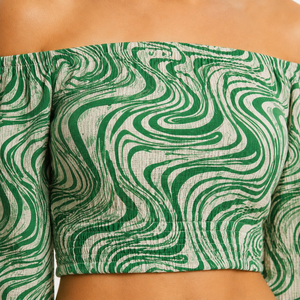 Green Swirl Off-Shoulder Crop Top