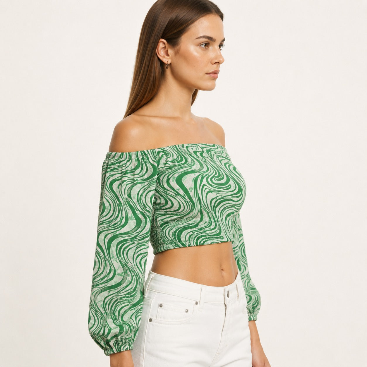 Green Swirl Off-Shoulder Crop Top