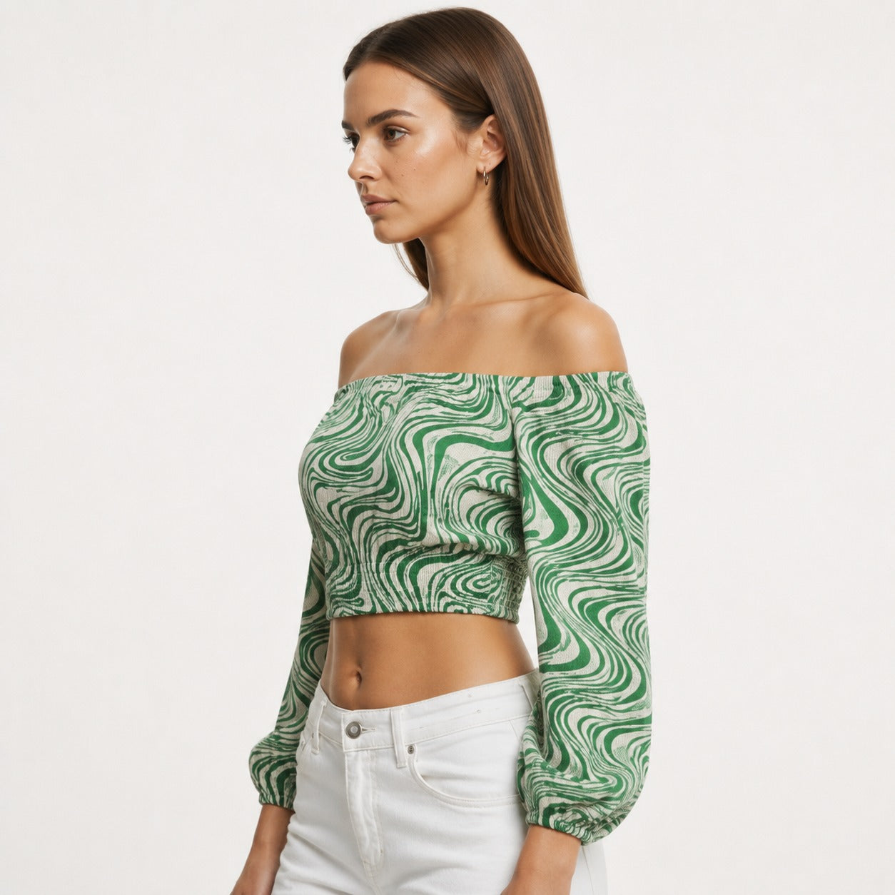 Green Swirl Off-Shoulder Crop Top