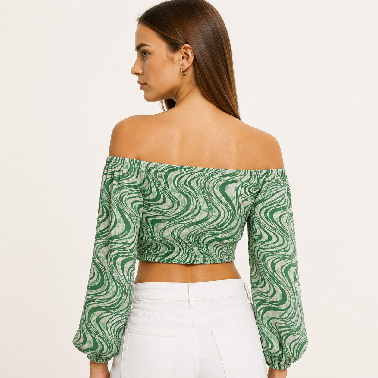 Green Swirl Off-Shoulder Crop Top