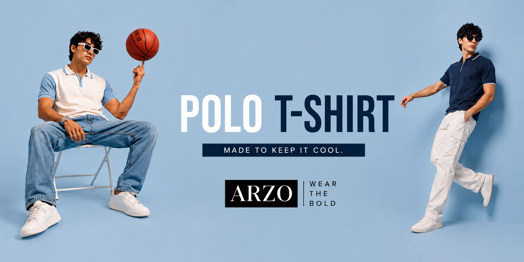 A promotional graphic for an ARZO Polo T-Shirt, featuring two male models in casual sporty outfits posing against a solid light blue background. The left model sits on a metal chair holding a basketball, wearing a white polo, light blue jeans, and white sneakers.