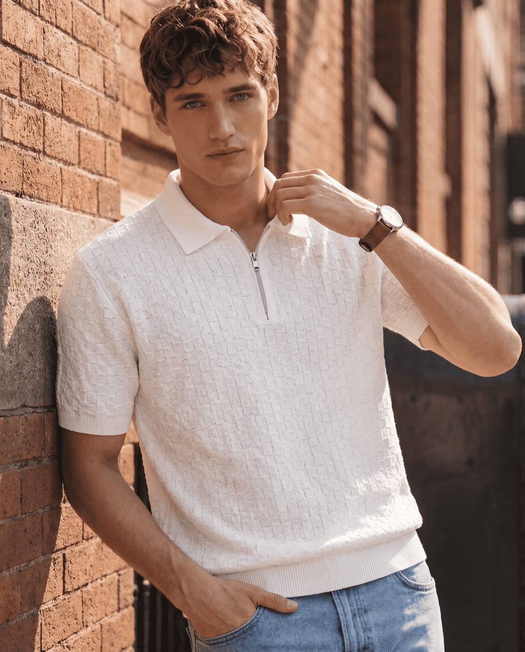 ARZO Ivory Grid Zip Polo