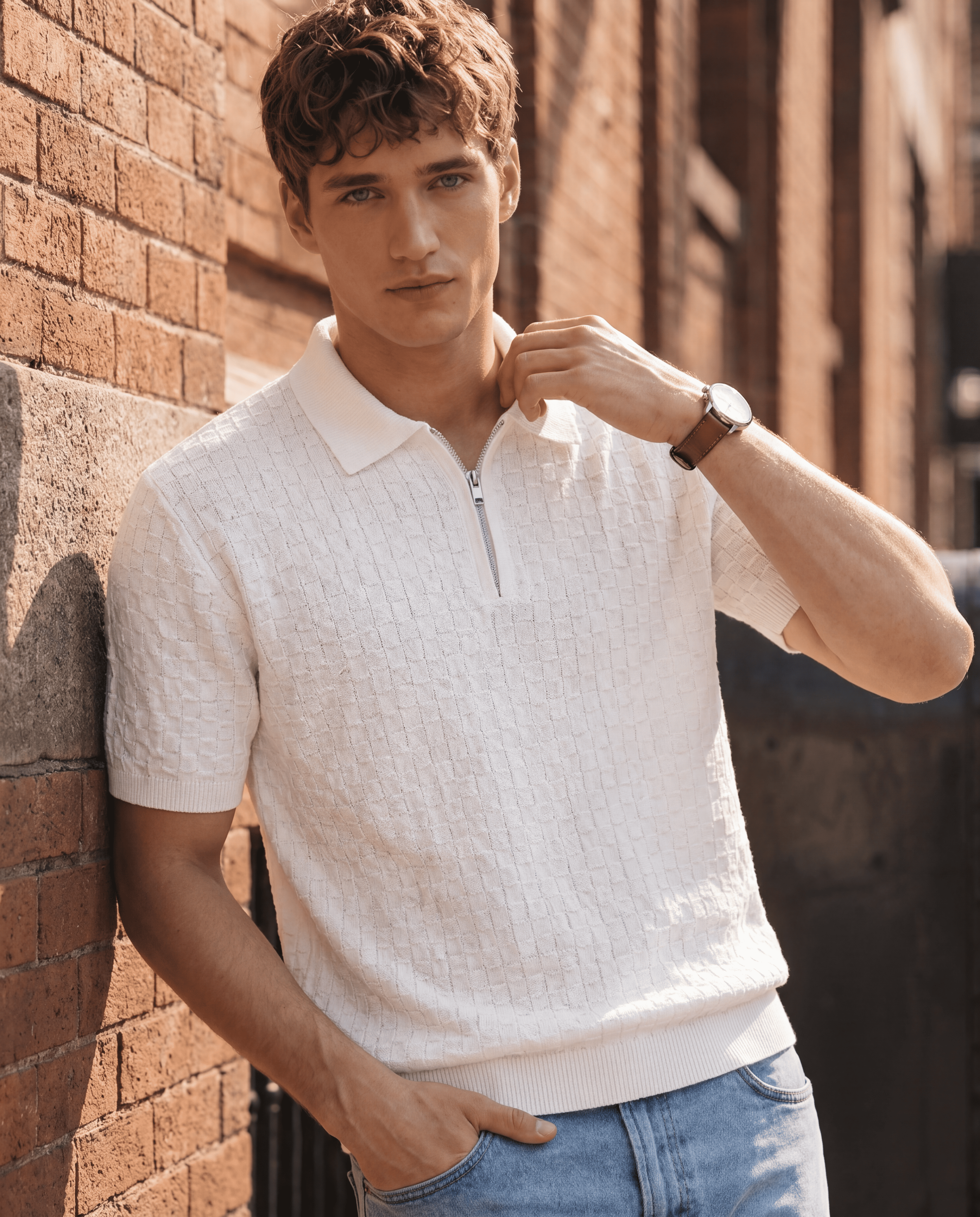 ARZO Ivory Grid Zip Polo