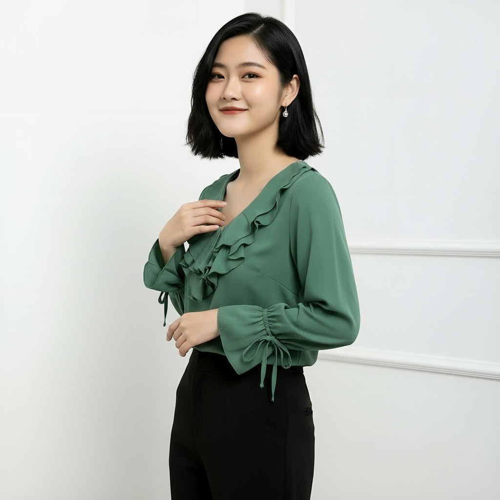 ARZO Emerald Grace Ruffle Blouse