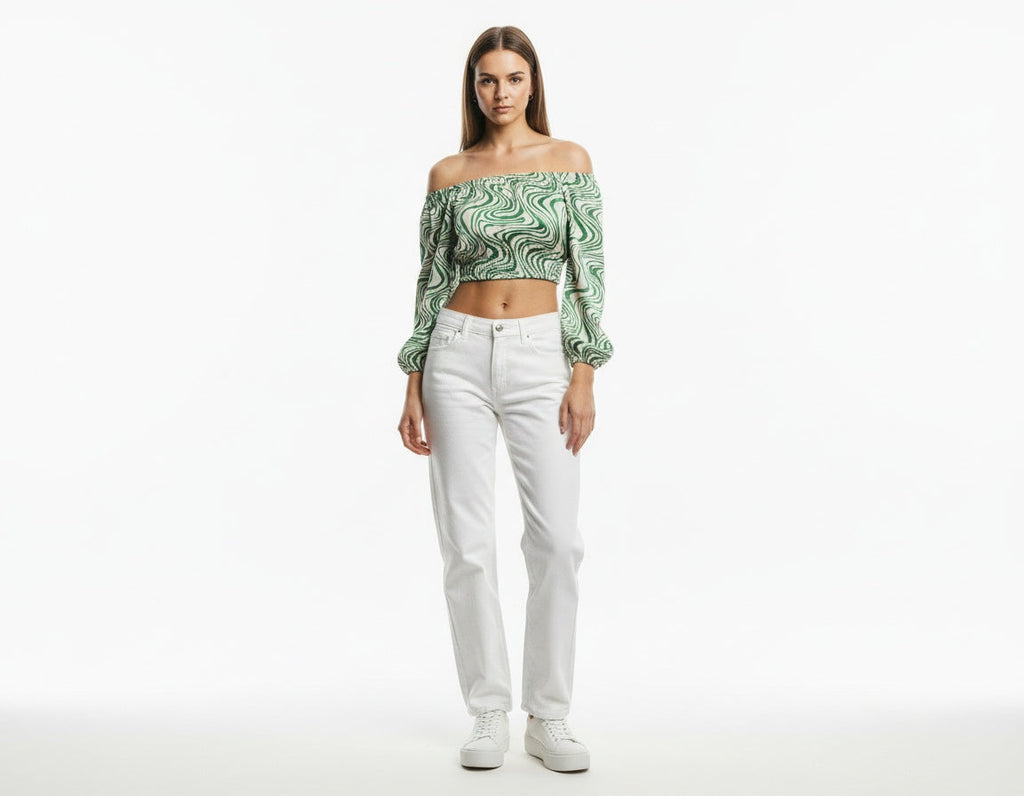 Green Swirl Off-Shoulder Crop Top