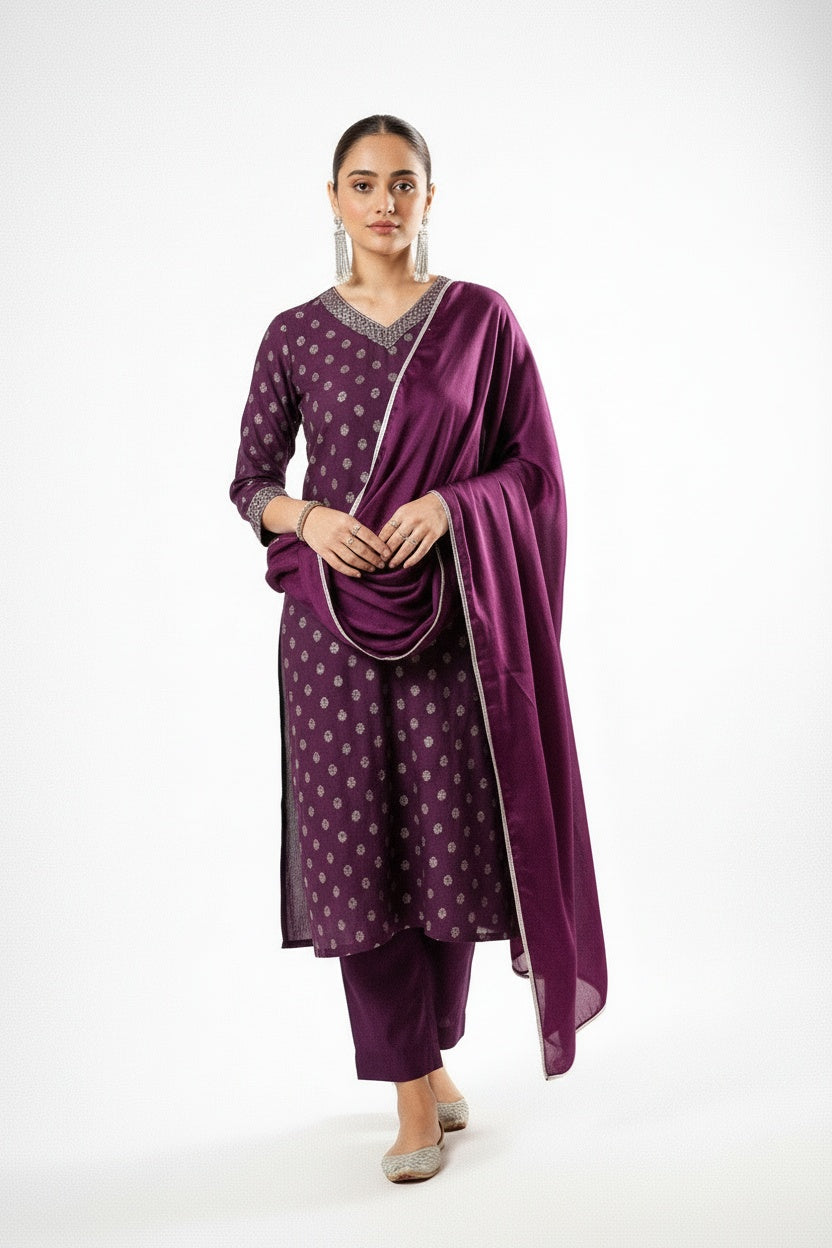 ARZO Plum Royale Printed Suit Set