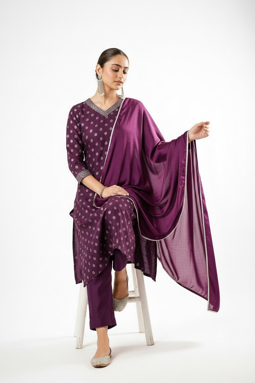 ARZO Plum Royale Printed Suit Set
