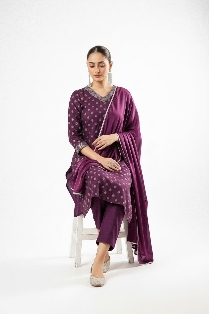 ARZO Plum Royale Printed Suit Set