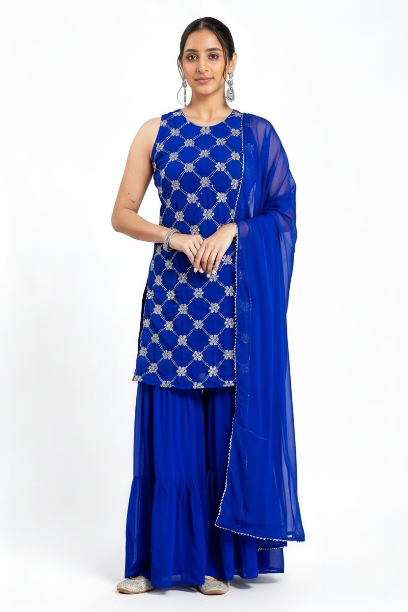 ARZO Royal Sapphire Embroidered Sharara Set