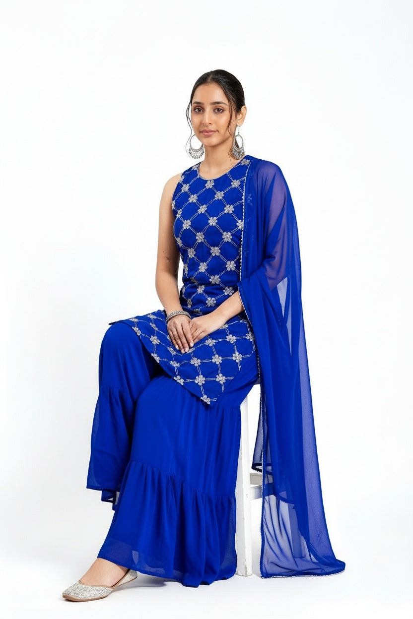 ARZO Royal Sapphire Embroidered Sharara Set