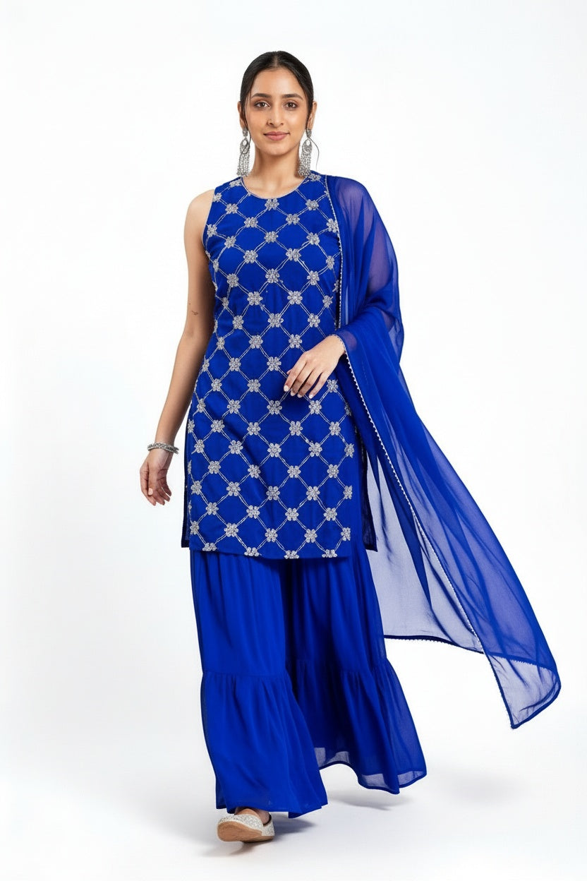ARZO Royal Sapphire Embroidered Sharara Set