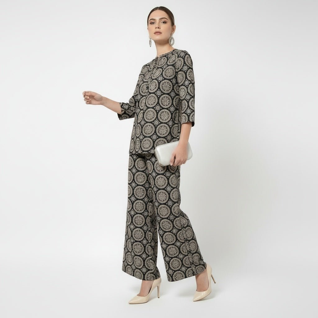 ARZO Printed Co-ord Set – Black & Beige