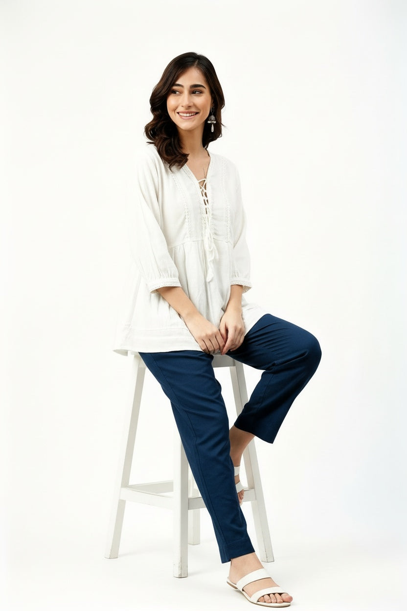 ARZO Lace-Up Tunic Top – Off White