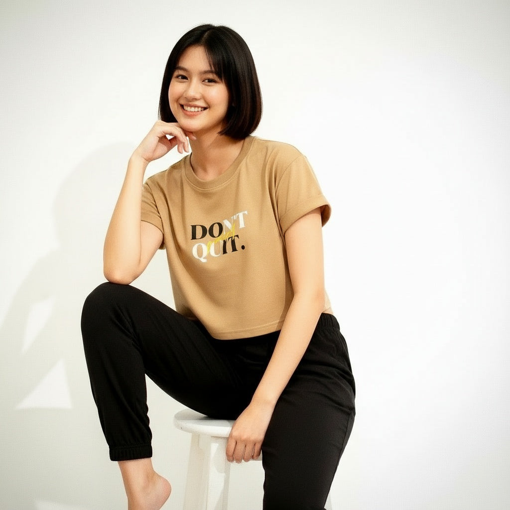 ARZO “Don’t Quit” Crop Tee – Beige