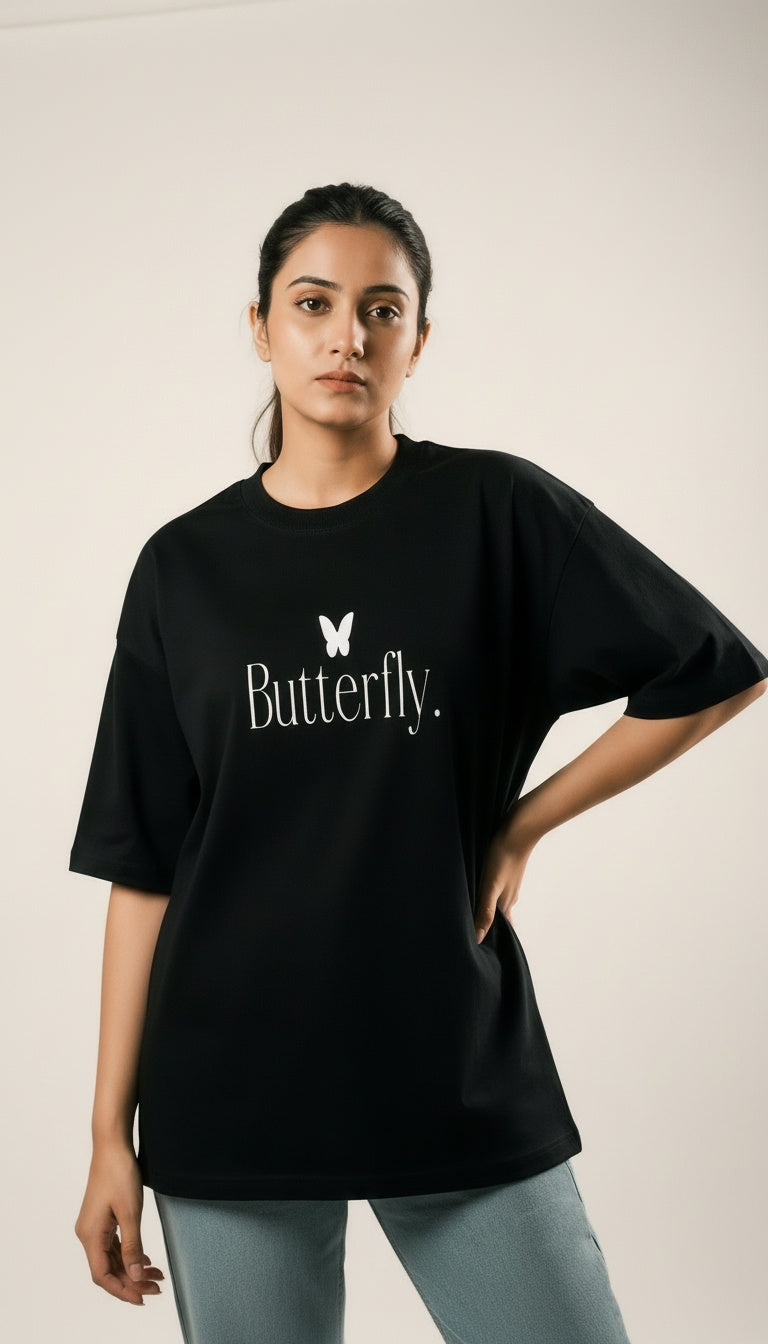 ARZO “Butterfly Effect” Oversized Tee – Midnight Black