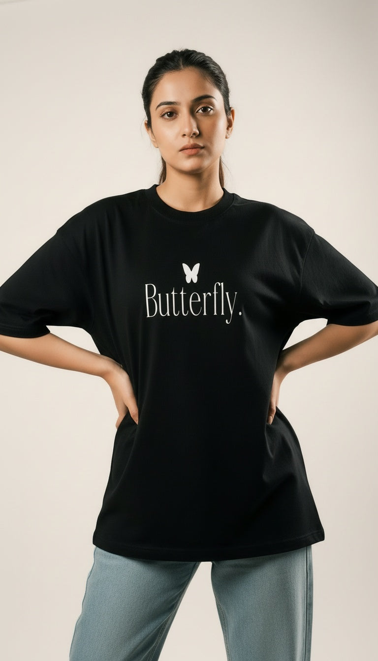ARZO “Butterfly Effect” Oversized Tee – Midnight Black