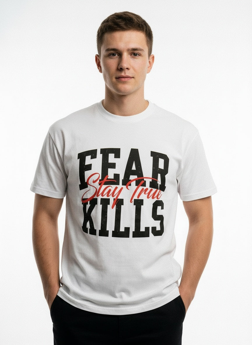 ARZO “Fear Kills” Statement Oversize Tee – Pure White
