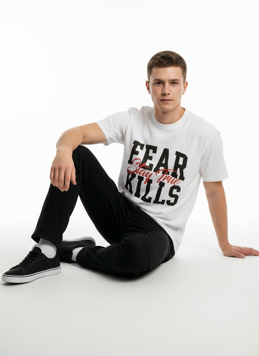 ARZO “Fear Kills” Statement Oversize Tee – Pure White