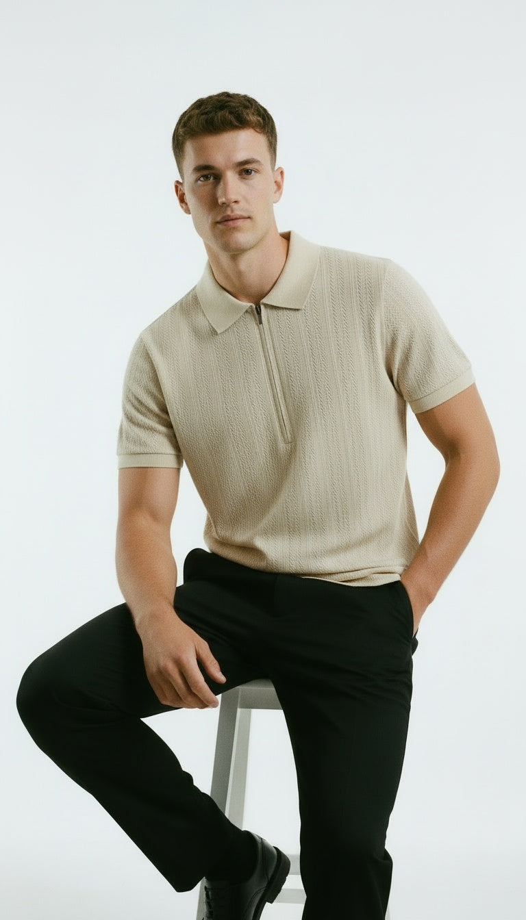 ARZO ELITE ZIP KNIT POLO – Sandstone Beige